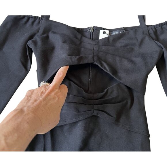 Oliveaceous Black Off-Shoulder Long Sleeve Sexy Midriff Cutout Mini Dress S NWT - Picture 3 of 8